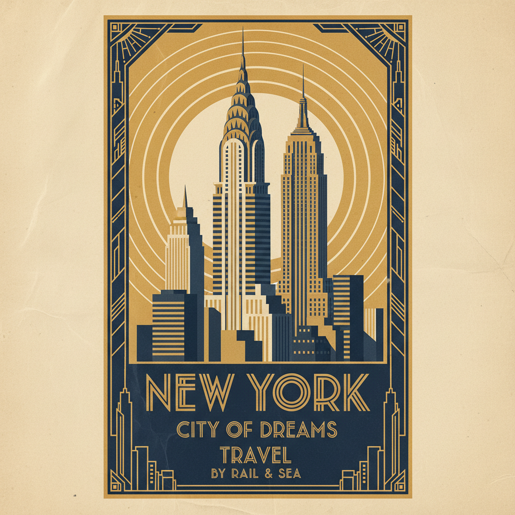 Vintage New York city skyline travel poster with art deco typography in navy and gold