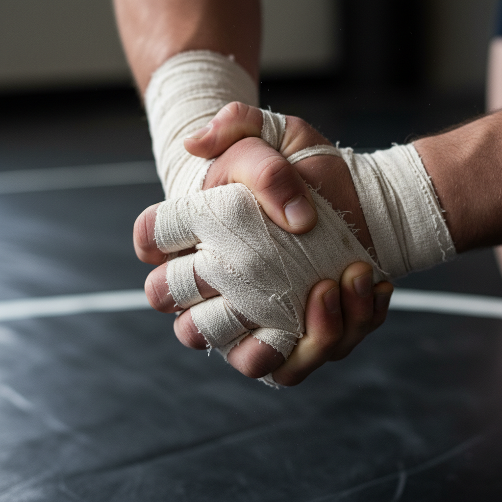 Wrestler's hands gripping wrist — white knuckles, athletic tape, mat burn texture