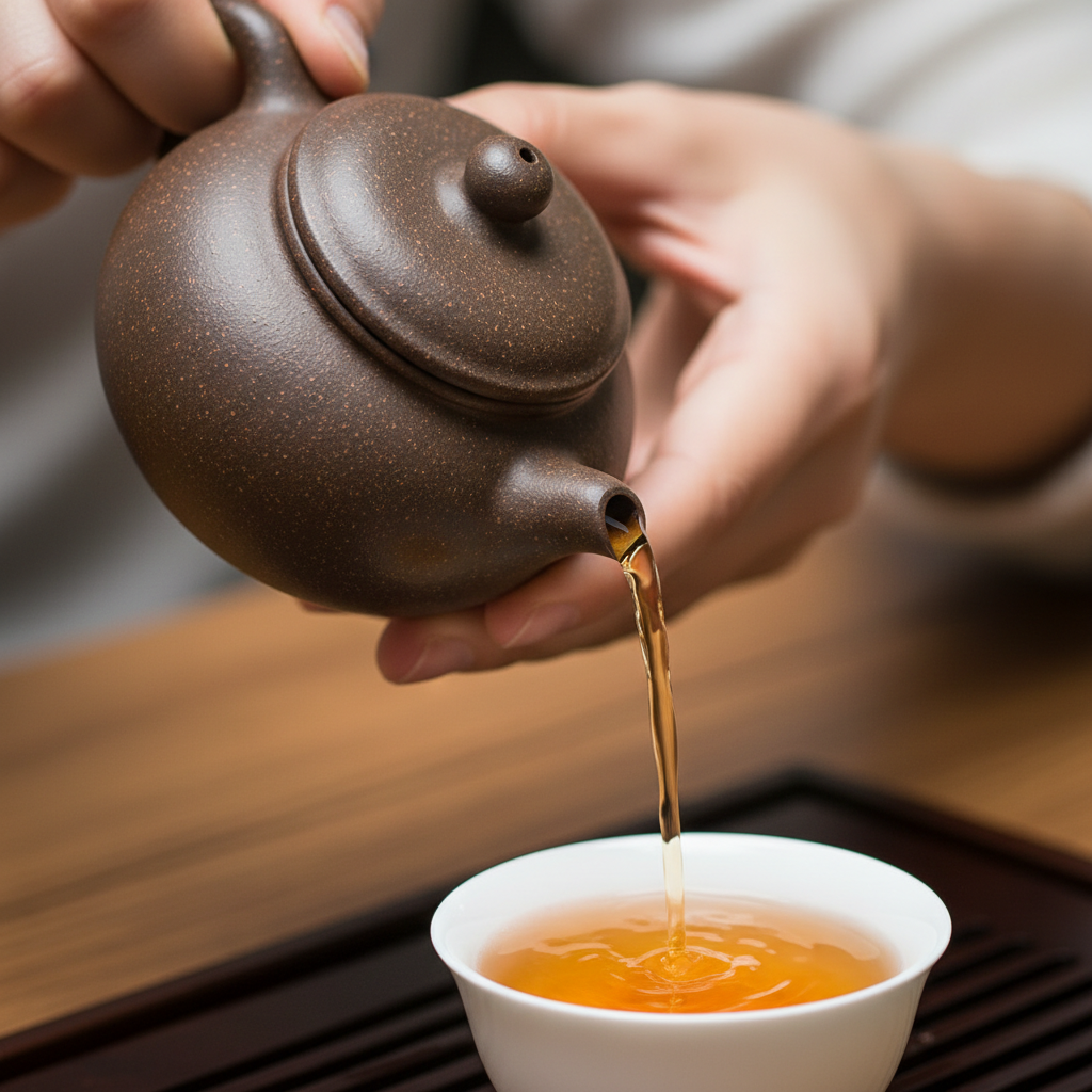 Hands tilting a dark clay Yixing teapot mid-pour over a small porcelain cup