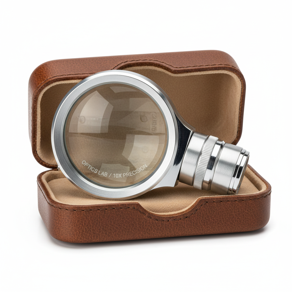 Close-up of a precision magnifying loupe with leather case on white background