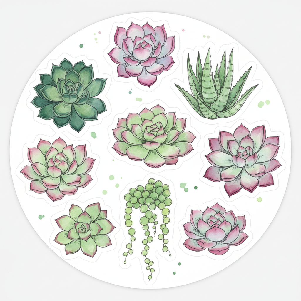 Collection of illustrated succulent plants in a tiny garden magnet print