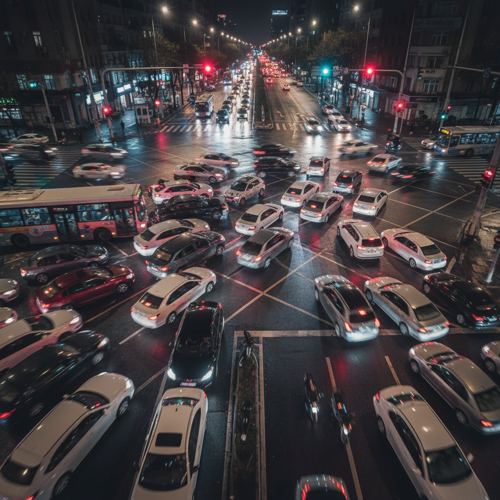 Unmonitored intersection showing traffic chaos, near-misses, and red-light runners at night