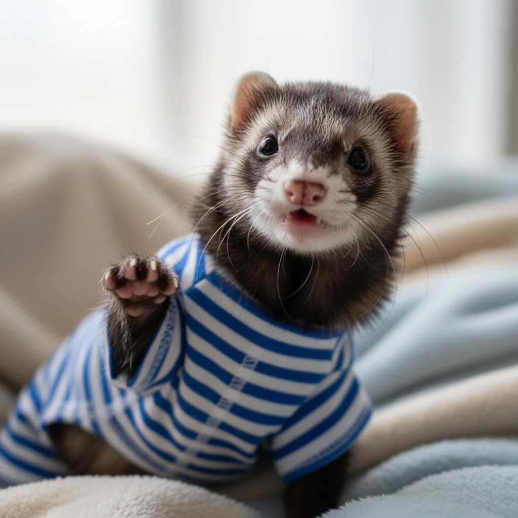 Ferret in a tiny striped pajama set, one paw raised