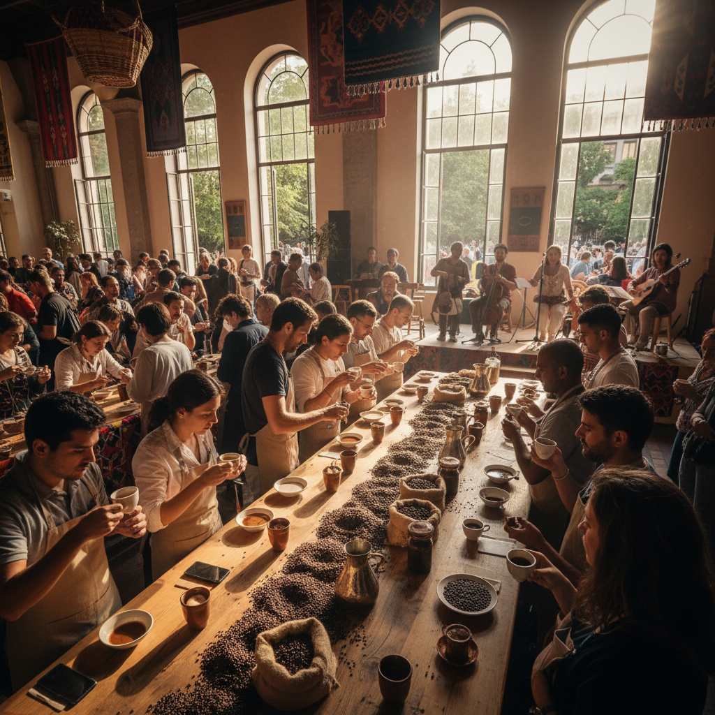People laughing and slurping coffee around a wooden cupping table