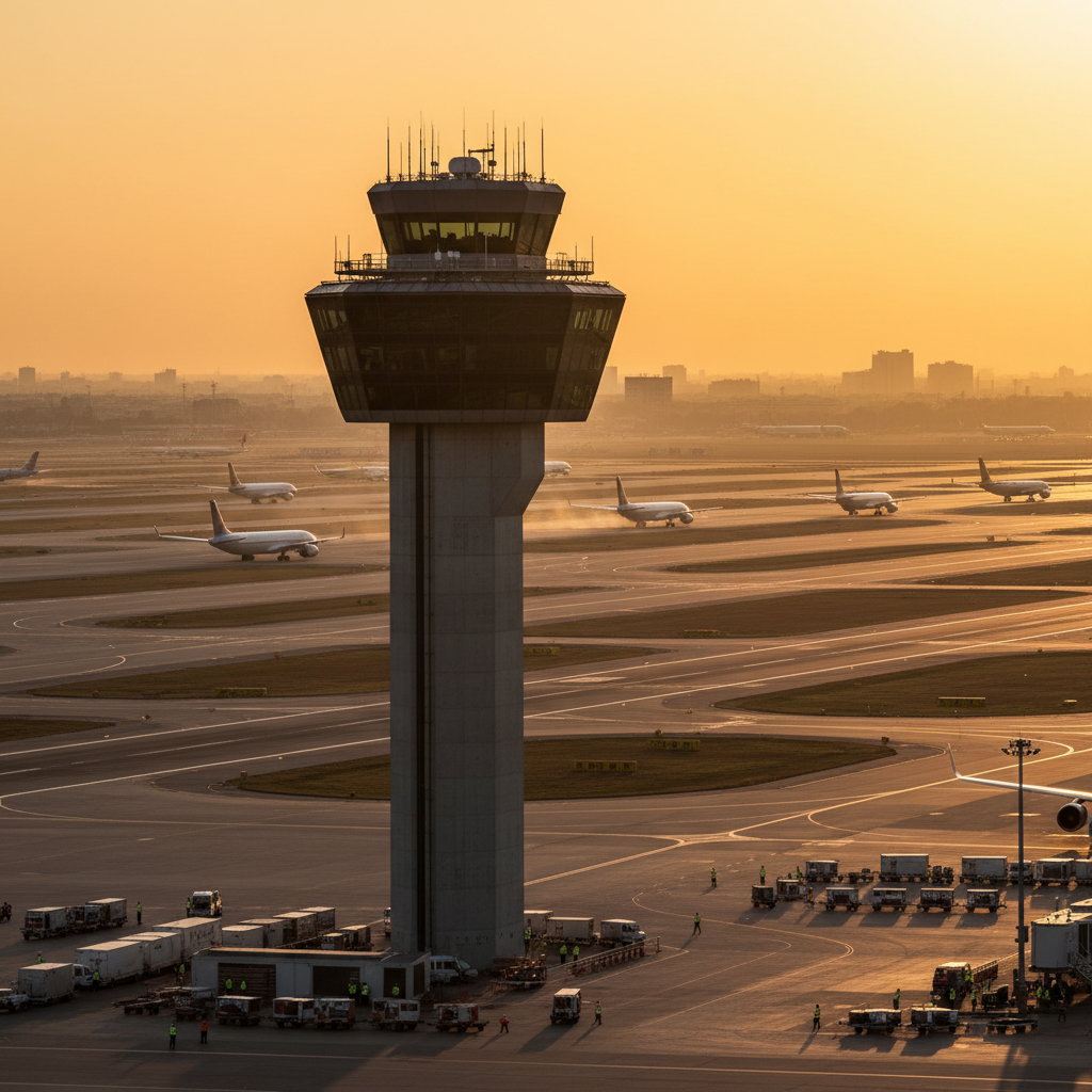 Airport control tower at golden hour, calm blue sky, professional aviation infrastructure