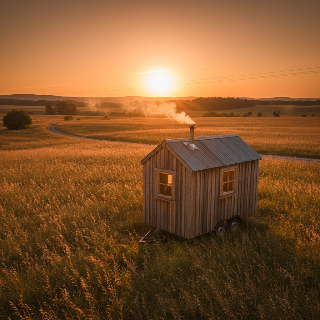 Tiny house on wheels parked in a golden field at sunset, smoke from chimney