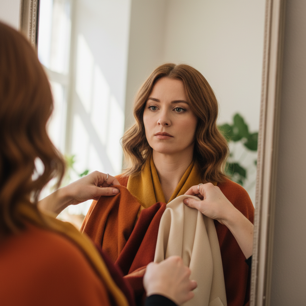 Stylist draping warm fabric swatches at client's collarbone while client looks in mirror