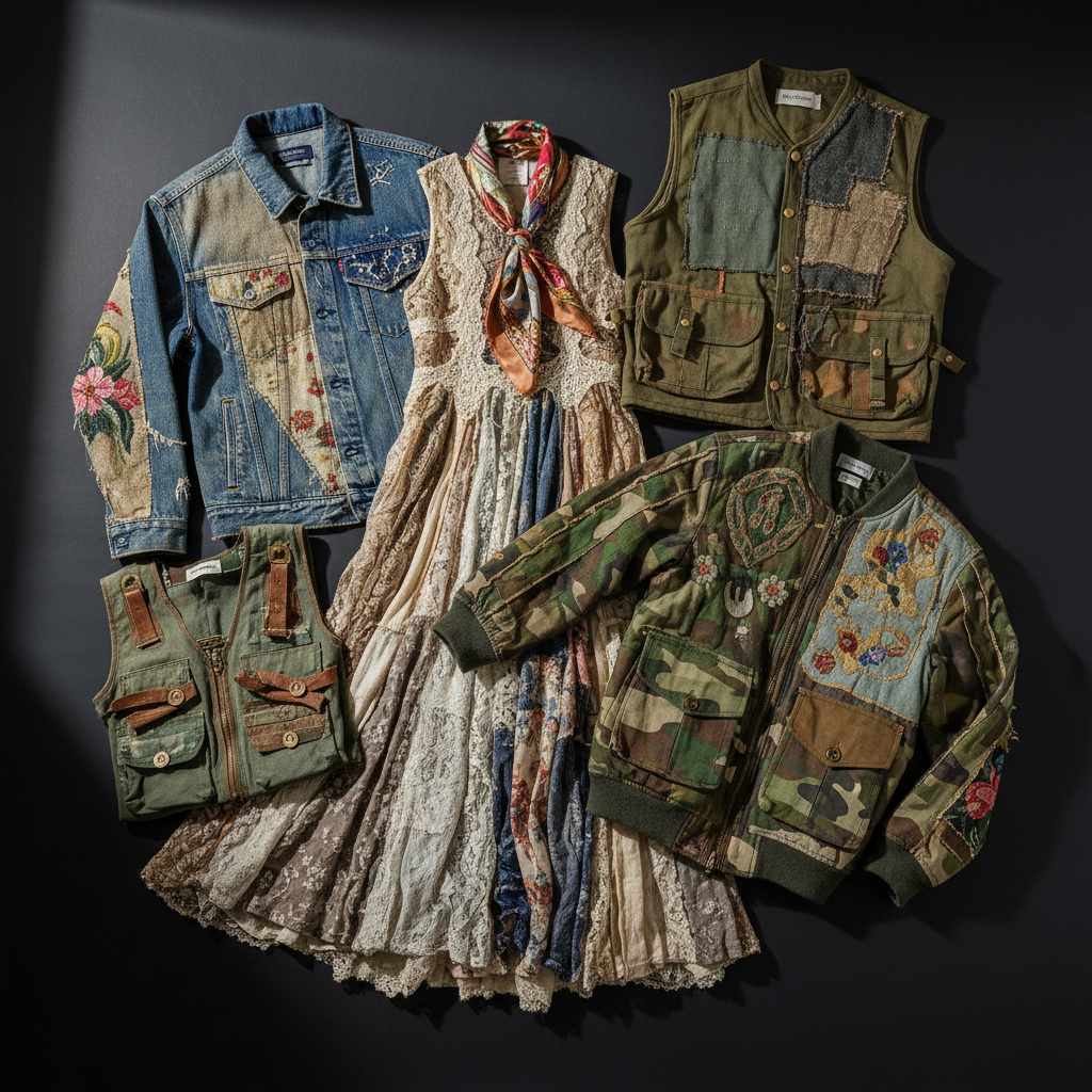 Flat lay of multiple one-of-one Rethread garments arranged on a dark surface, showing varied textures and materials