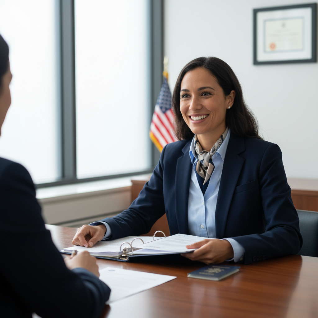 Pessoa confiante em entrevista consular americana, bem preparada e sorrindo