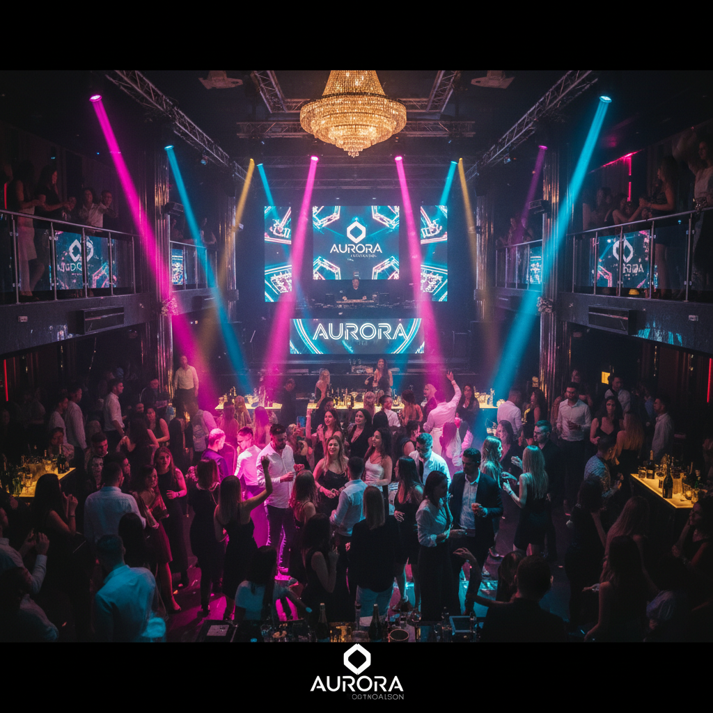Salle de nightclub avec piste de danse illuminée et tables VIP autour, lumières colorées créant une atmosphère festive sombre