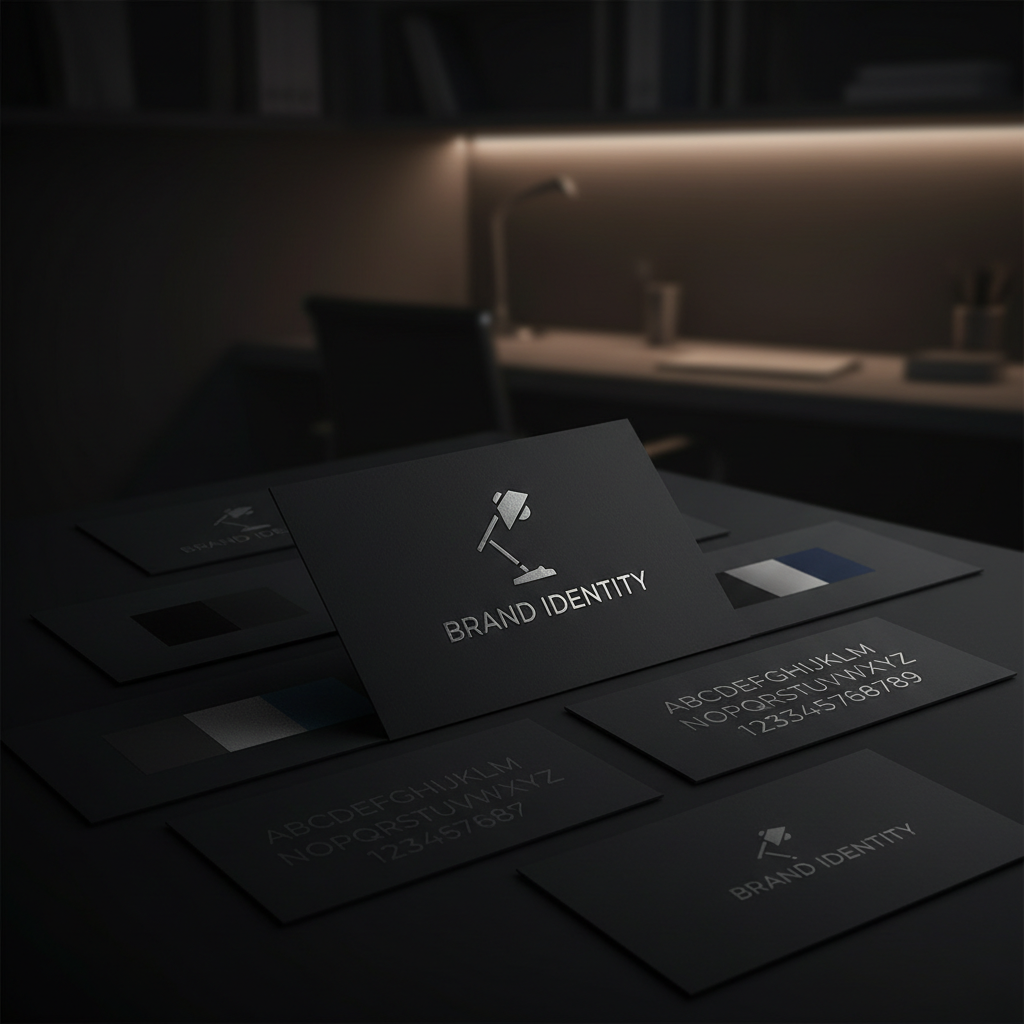 Graphic design workspace with dark background, typography samples and brand materials in moody lighting