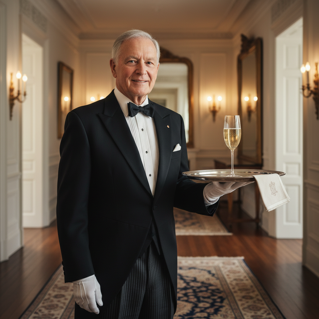 Formal butler in white gloves presenting silver tray with champagne glasses in warm interior luxury setting