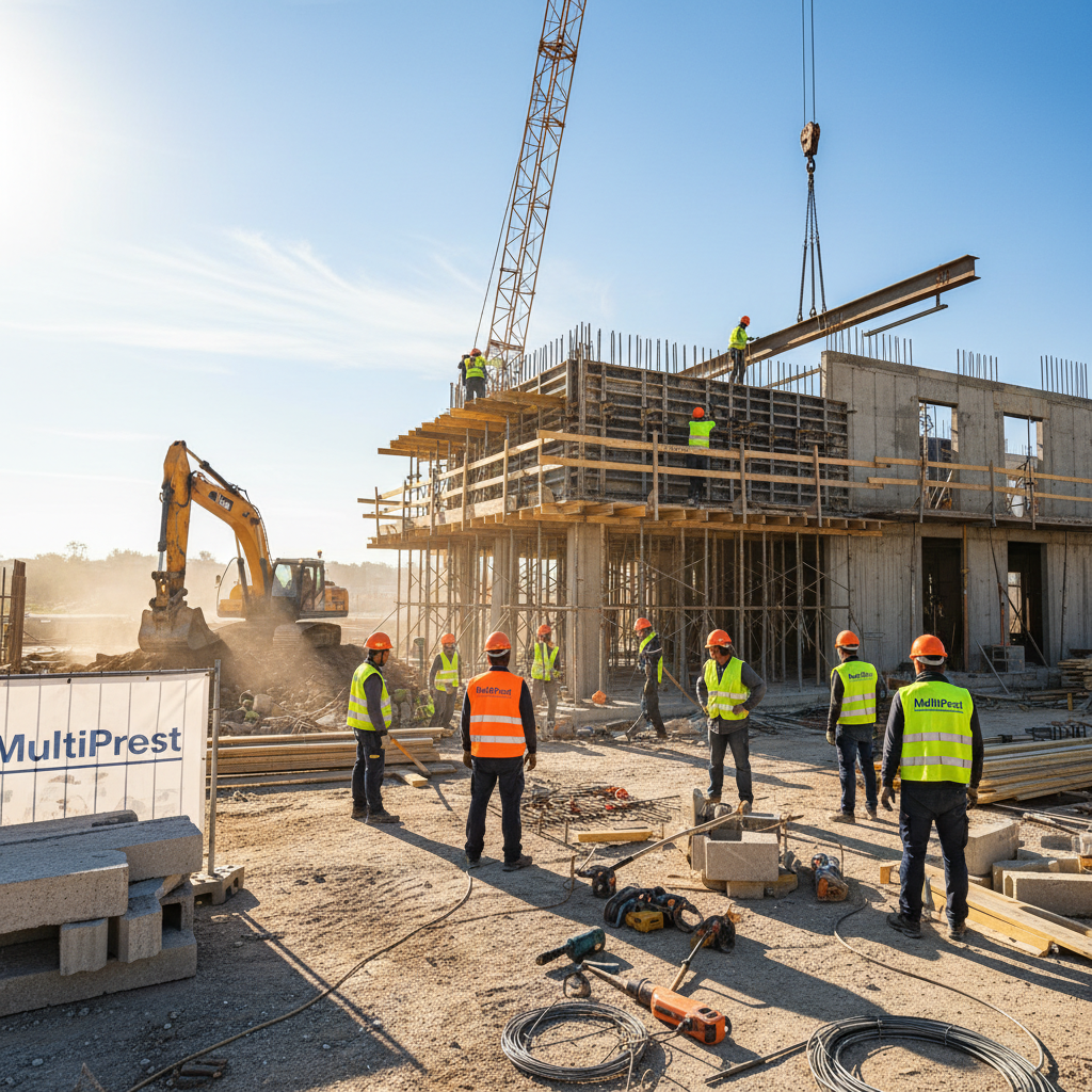 Construction workers wearing safety gear on a building site with cranes in the background