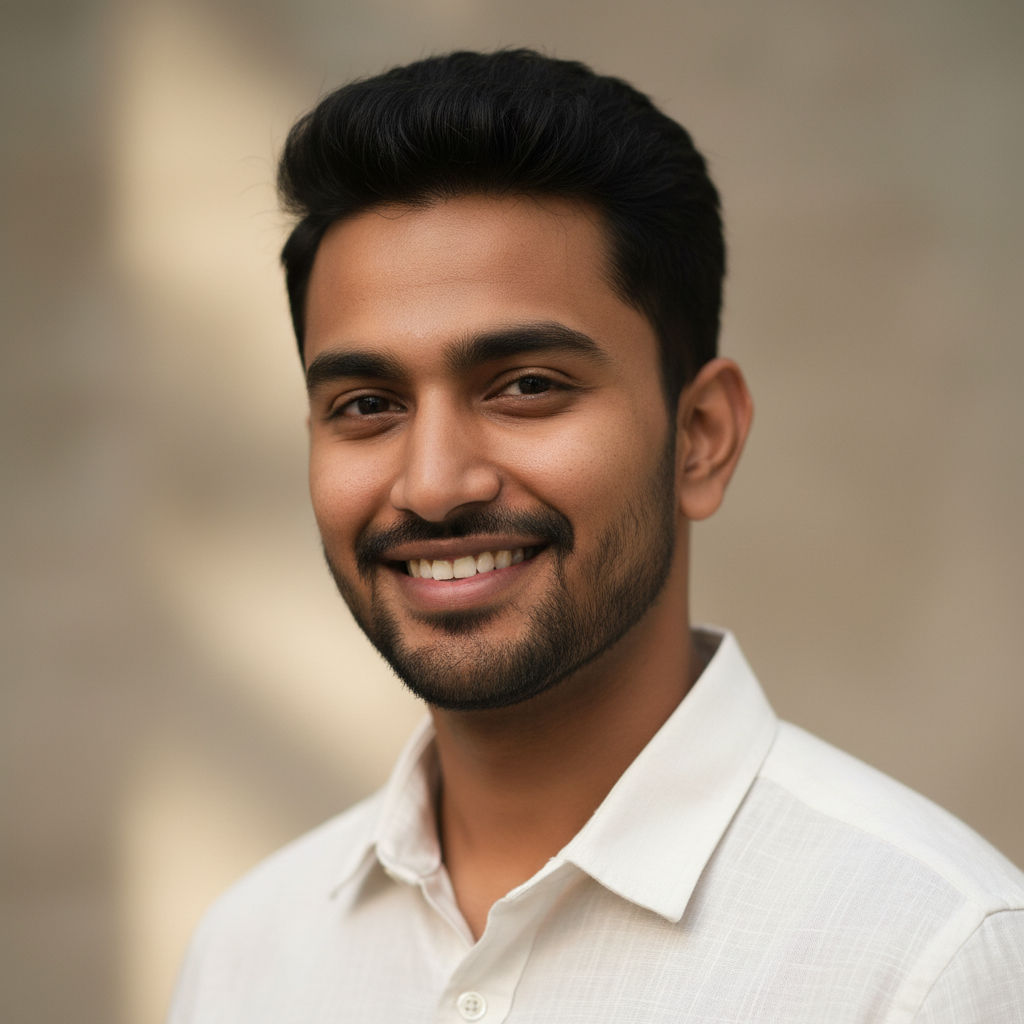 Young Indian man with short black hair and beard wearing navy blue shirt with confident smile