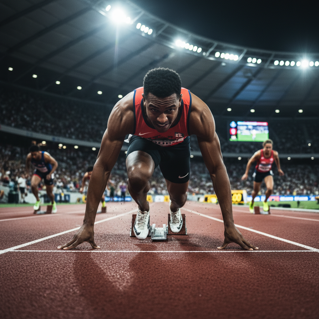 Sprinter exploding off the starting blocks at a collegiate championship meet