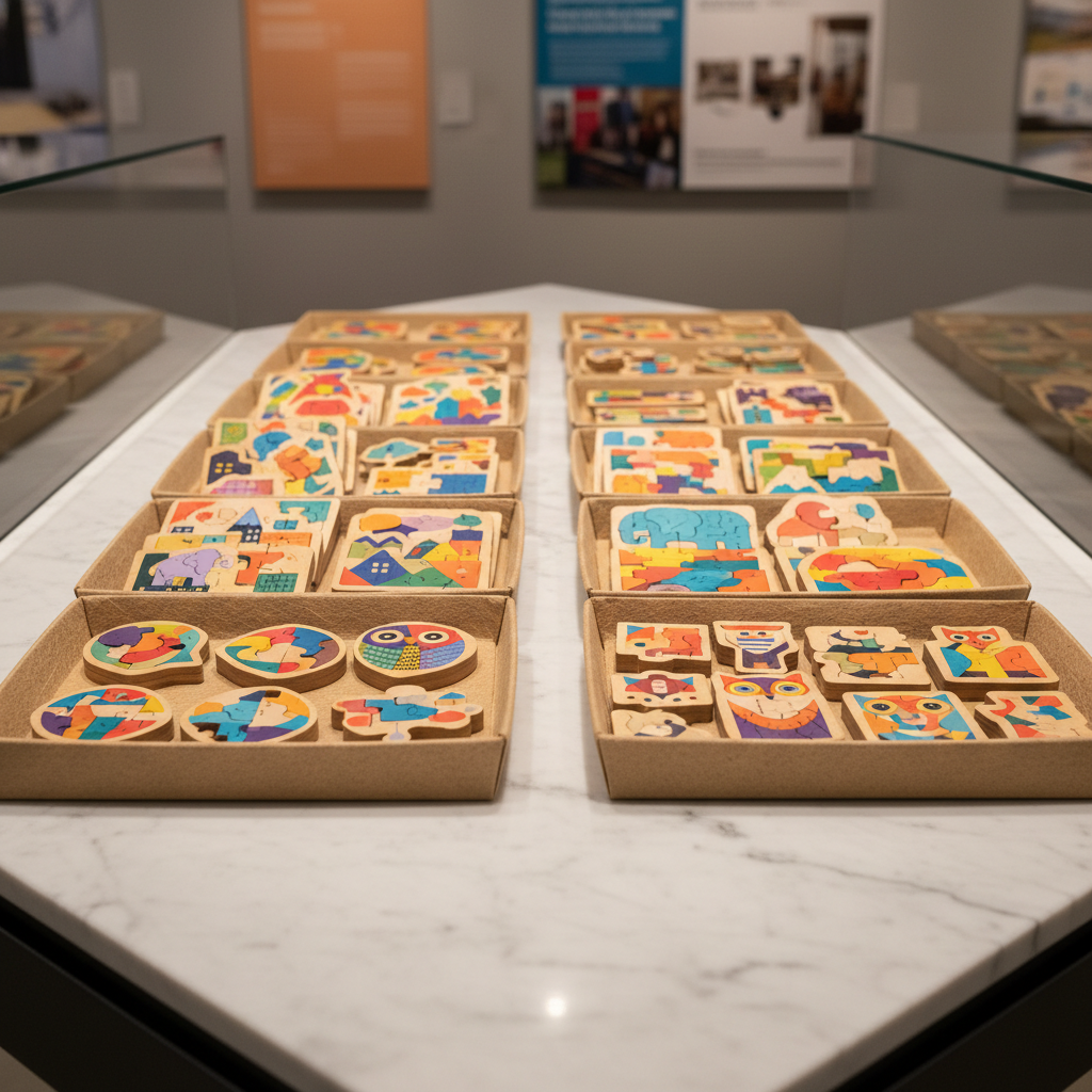Museum gift shop display counter with colorful wooden puzzles arranged in kraft trays under warm gallery lighting