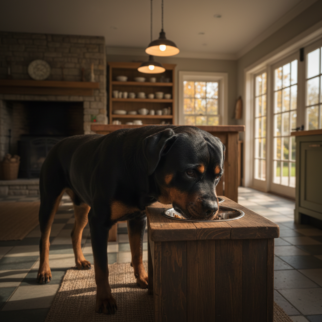 Rottweiler dog eating from a stainless steel bowl, healthy and well-fed adult Rottweiler