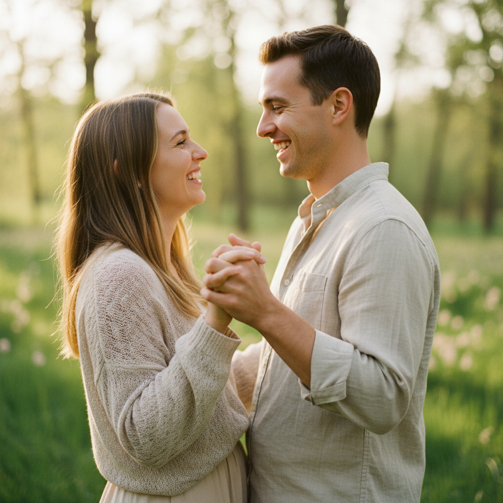 Smiling couple Alex and Morgan outdoors in a park