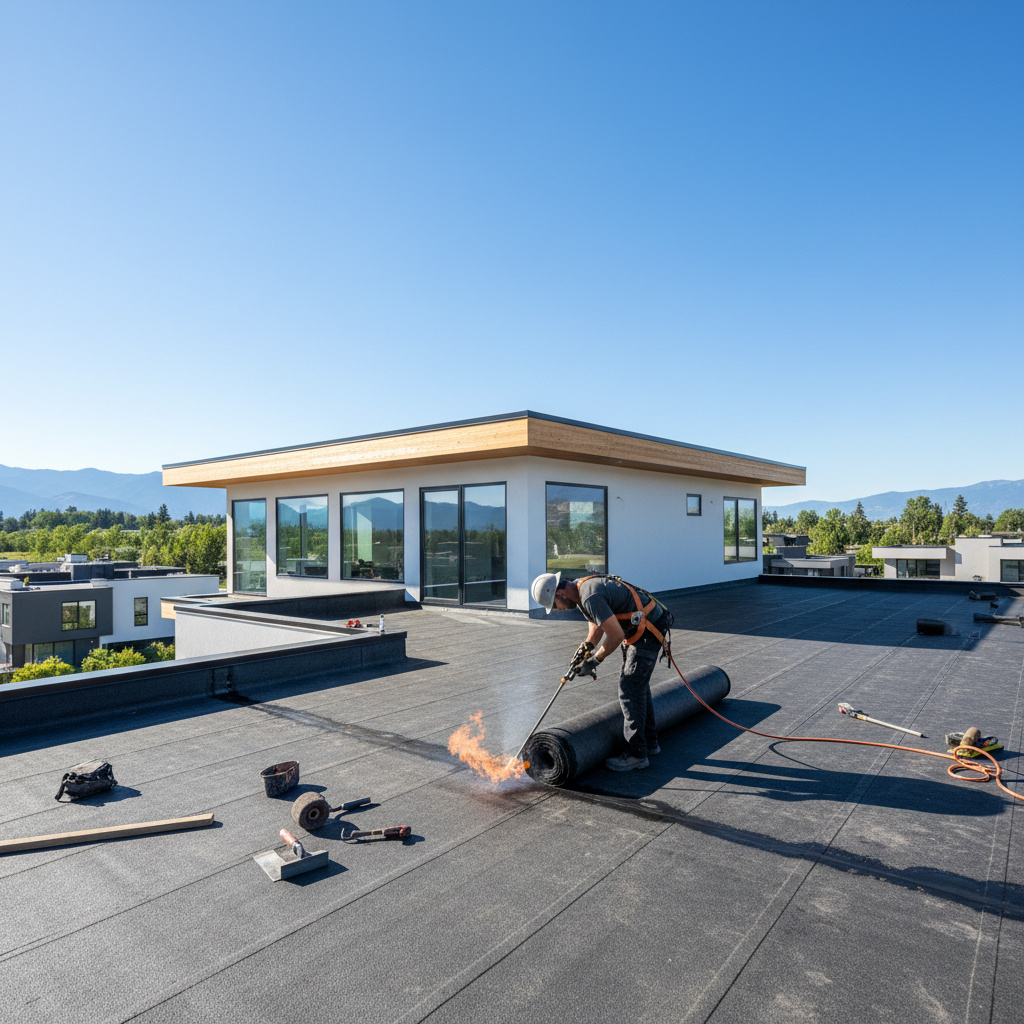 Roofer installing asphalt shingles on residential home, bright afternoon