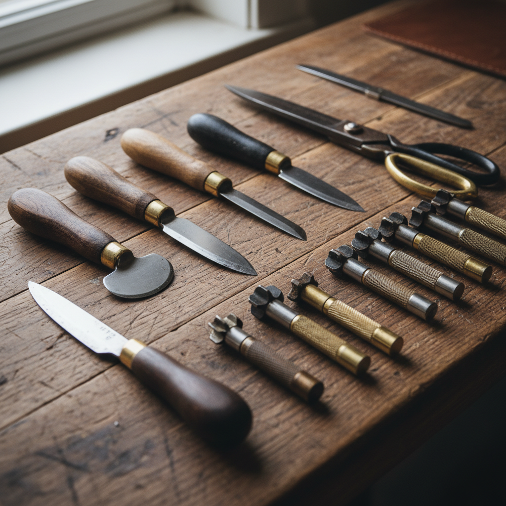 Close-up of leather cutting tools arranged on a worn wooden workbench