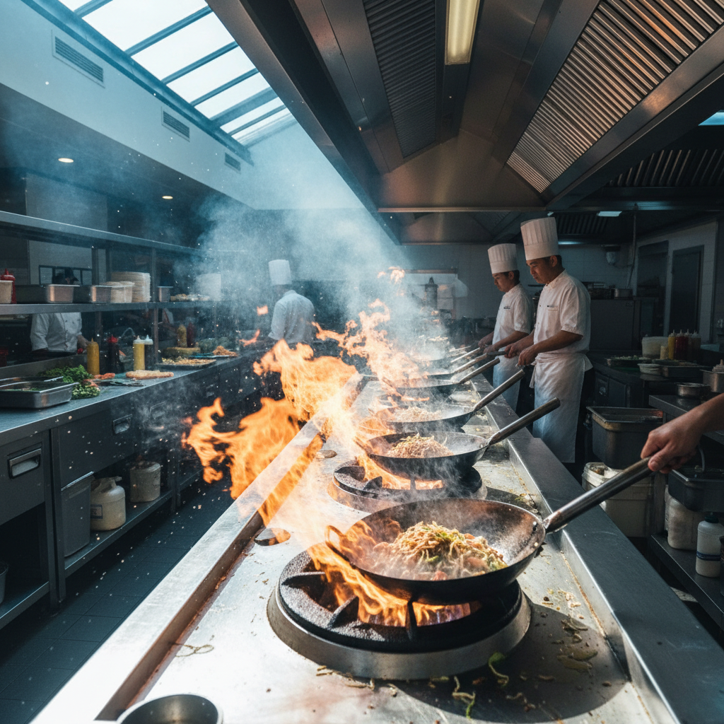 Busy wok station with flames and steam rising during lunch rush