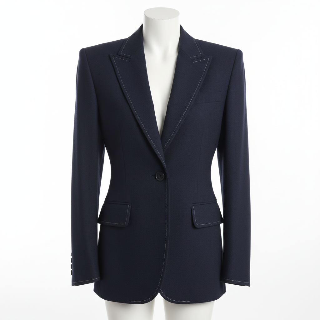 Sharp structured blazer in caramel brown on mannequin, clean tailoring, bright studio lighting