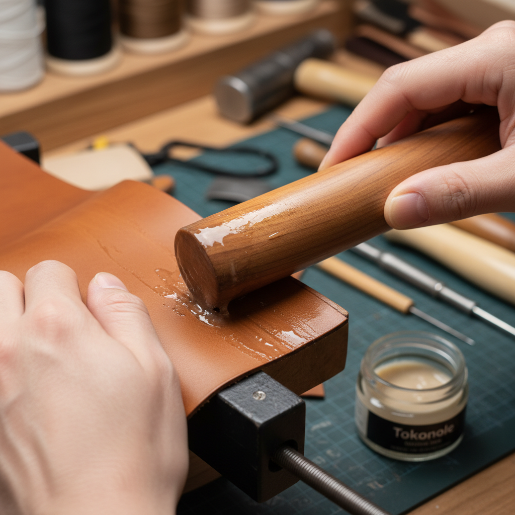 Leather edge being burnished with a wooden slicker and tokonole finishing agent