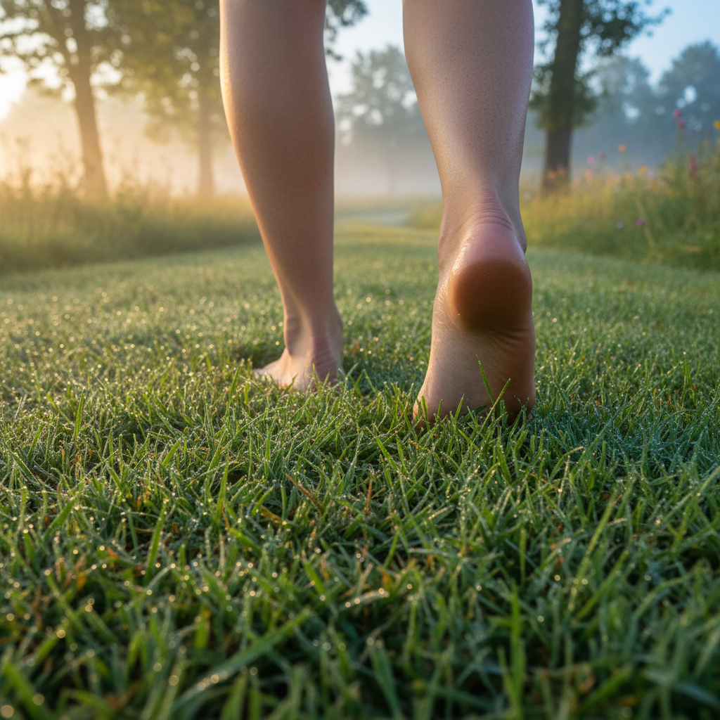 Person walking barefoot on dewy grass in early morning light, feet visible, peaceful and grounded