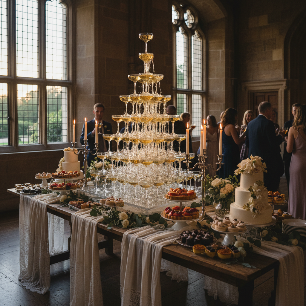 Champagne tower and dessert table styled at manor estate reception in late evening light