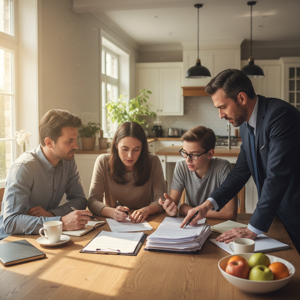 Family reviewing legal documents at kitchen table with attorney