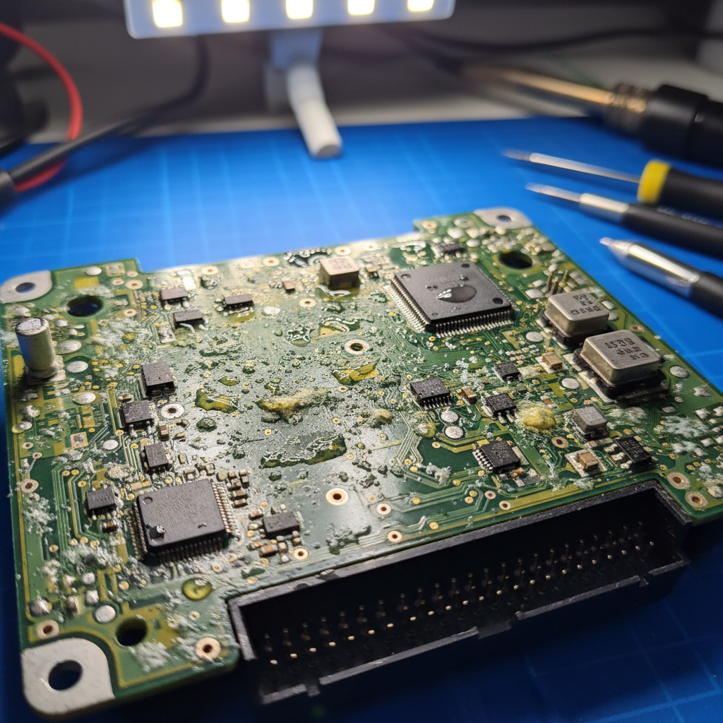BMW water damaged electronic module being repaired in professional workshop