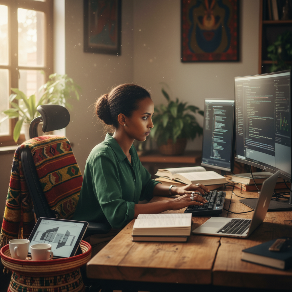 Young African male developer teaching coding session at a desk in a bright modern office