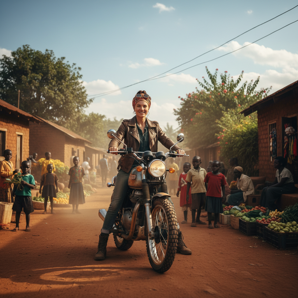 South African woman, confident expression, community setting