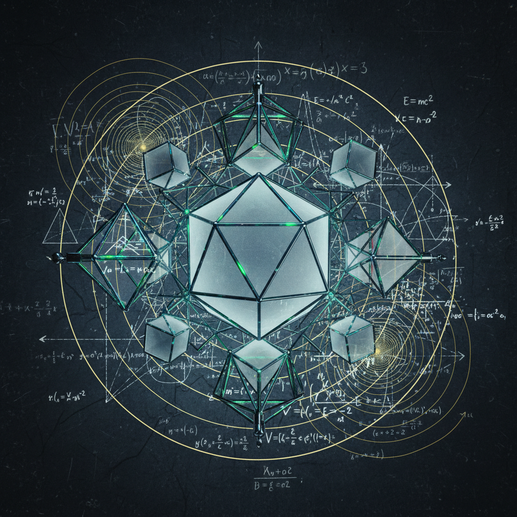 Geometric mathematics formulas on dark background, deep teal lighting, atmospheric academic setting
