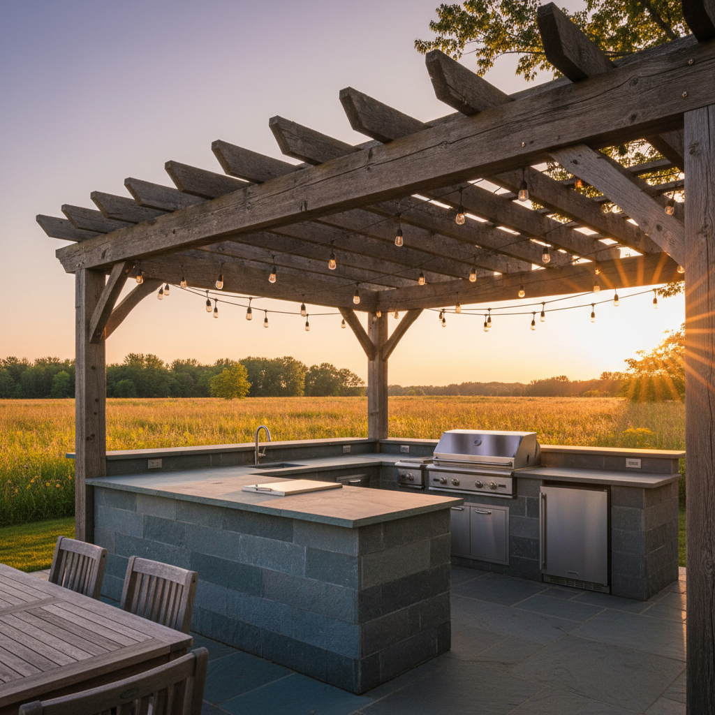 Wide view of outdoor kitchen with bluestone counters, pergola overhead, string lights, and meadow view at golden hour