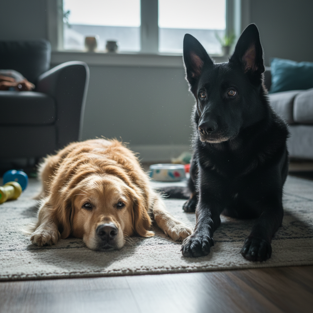 Two dogs together, one showing signs of lethargy, pale gums indicate emergency in pets