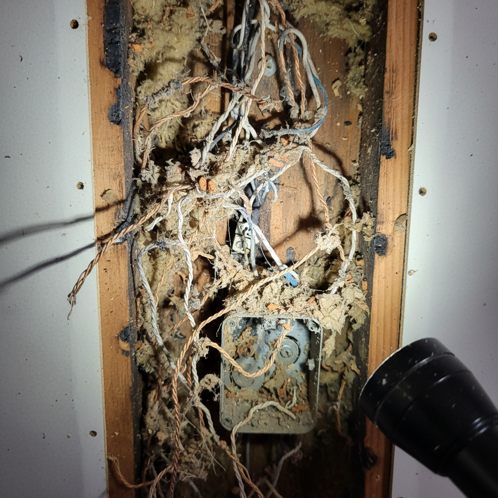 Gnawed electrical wiring from rodent damage behind wall panel