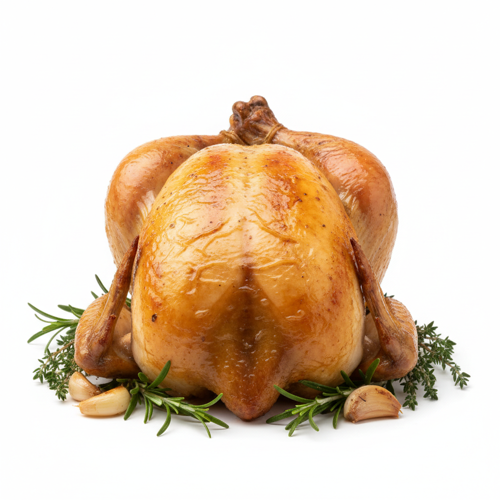 Pollo rostizado dorado y jugoso recién salido del horno, con hierbas y especias, fondo oscuro y cálido