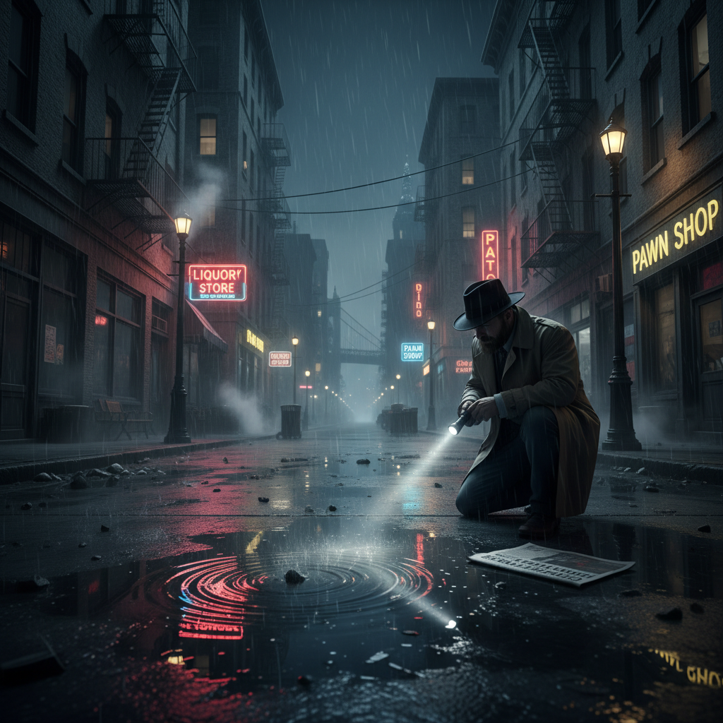 Dark silhouette of a detective in a foggy rain-soaked alley under a streetlamp