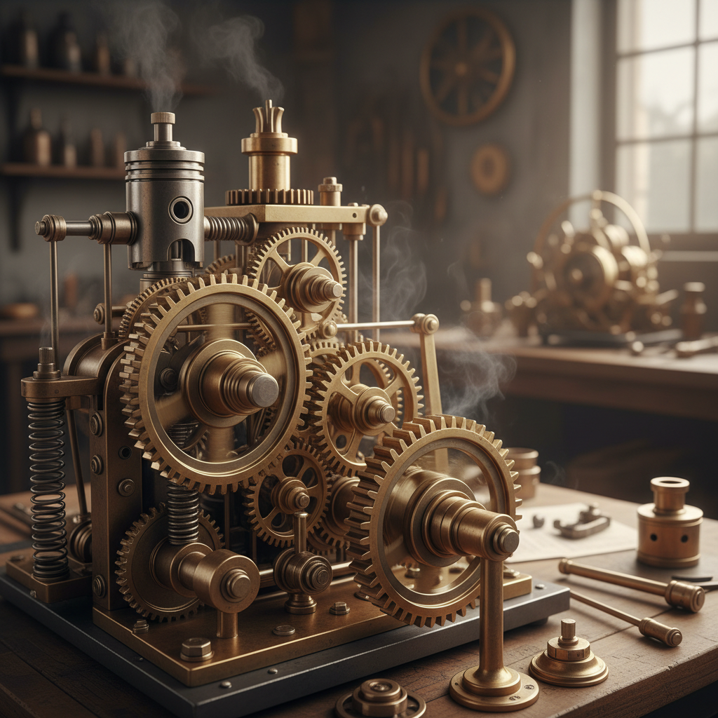 Steam Engineer - Karakter engineer steampunk dengan goggles brass dan mechanical arm dalam workshop penuh gear dan steam machinery