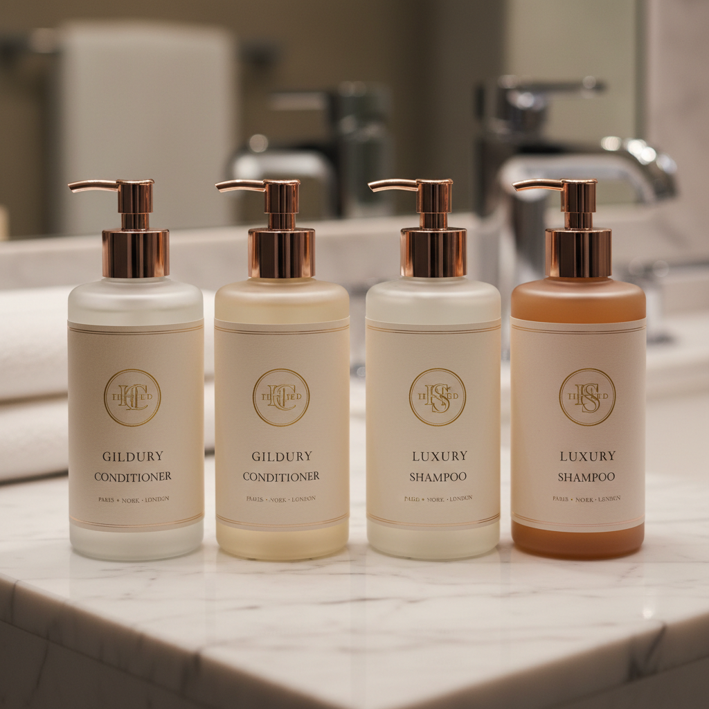 Luxury skincare gift set on dark marble countertop, multiple glass bottles with gold accents, elegant packaging