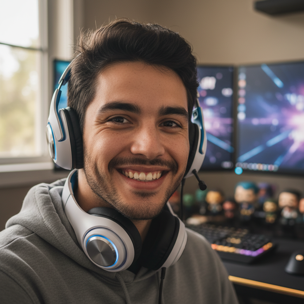 Young Hispanic male gamer with headset and casual hoodie smiling at camera in gaming setup