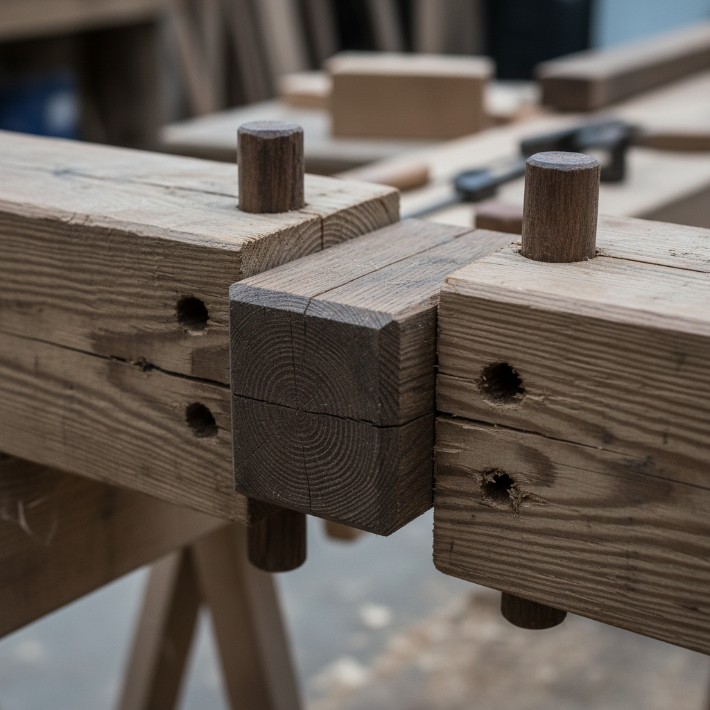 Close-up detail of hand-cut mortise and tenon timber joinery with wooden peg visible in white oak beam