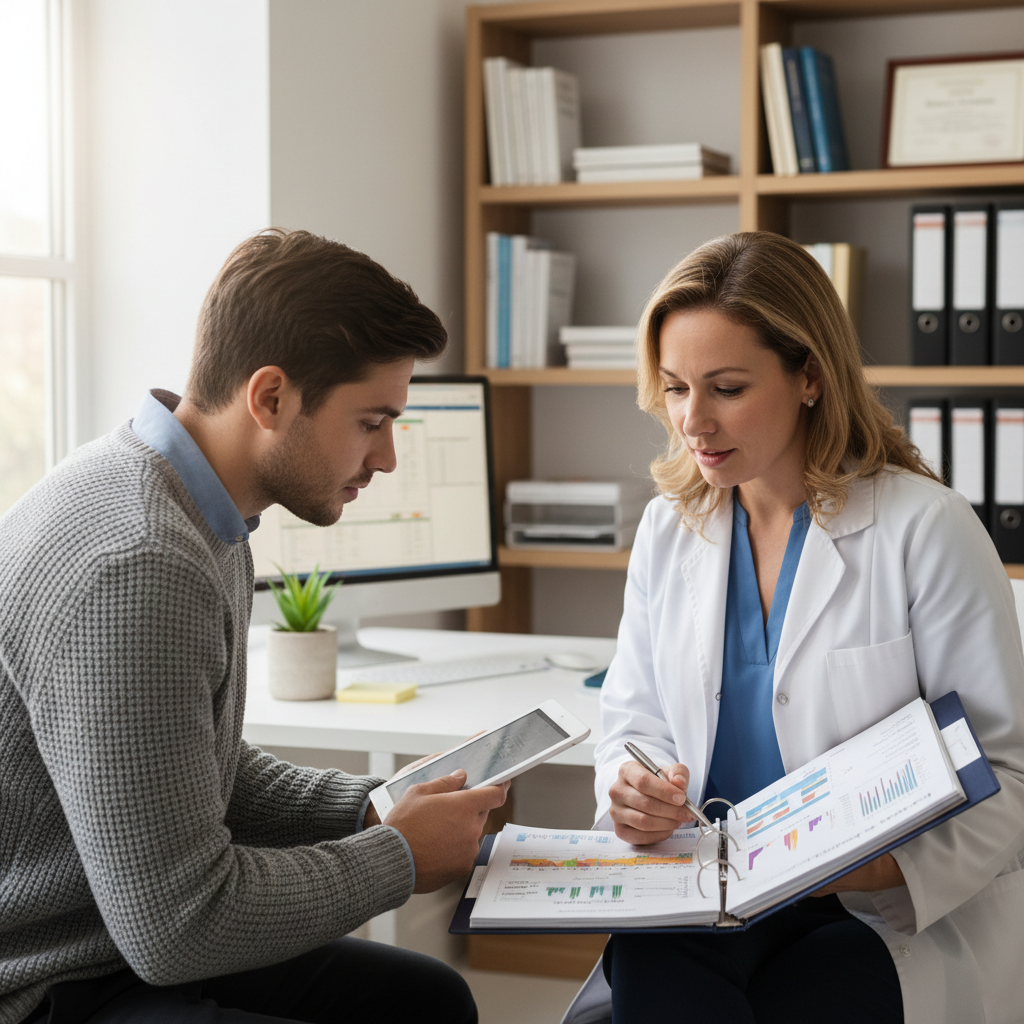 Male optometrist with glasses reviewing patient chart in modern office