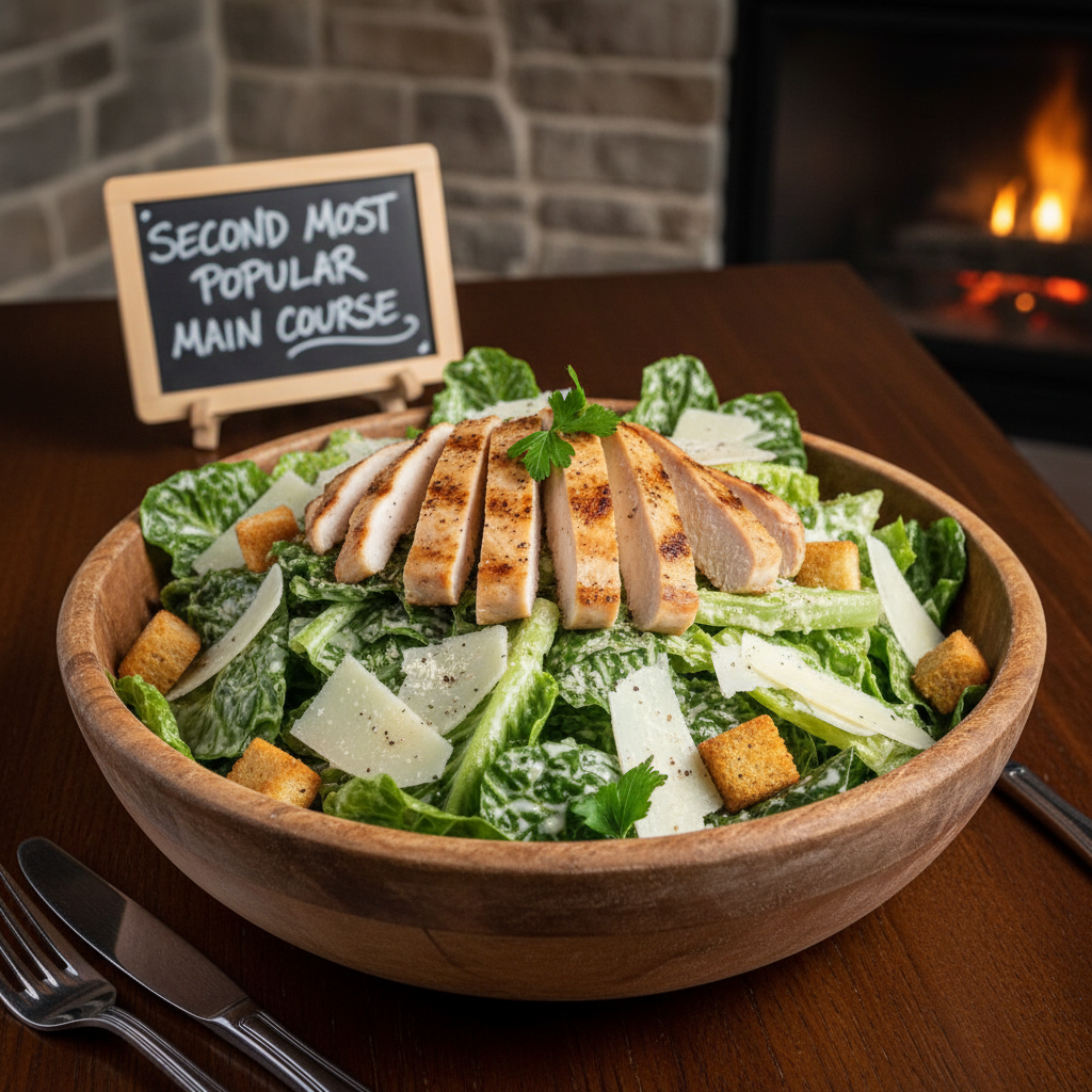Classic caesar salad with romaine, parmesan crisps and sourdough croutons in white bowl