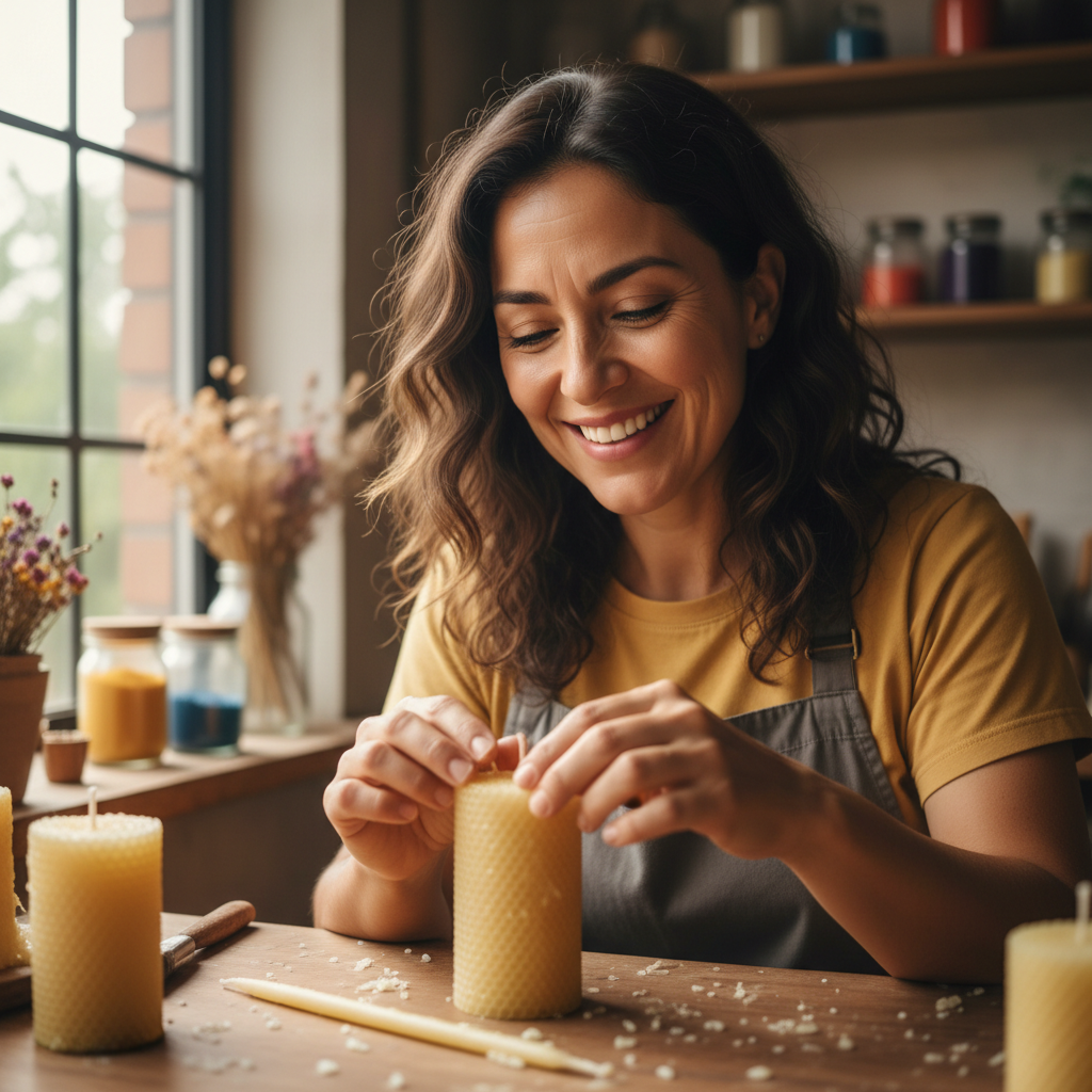 Candle maker Lisa Patel in bright studio holding candle