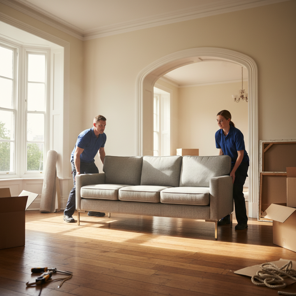 Two movers carrying a heavy sofa through a doorway carefully, residential interior setting