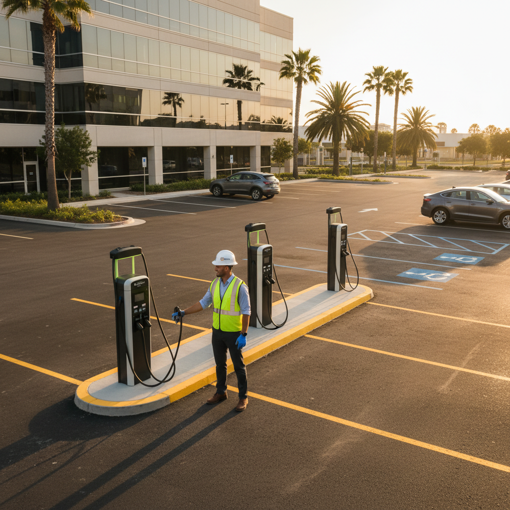 Commercial parking lot at golden hour with three EV chargers mounted on a freshly painted concrete island, property manager in hard hat shaking hands with technician