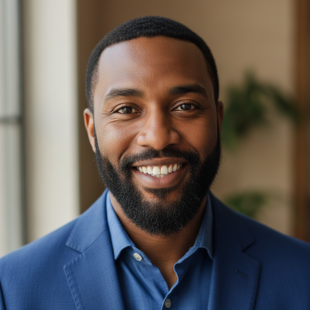 Portrait of a South African man in a collared shirt with a confident smile, professional setting