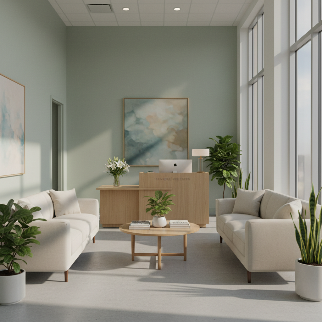 Bright open-plan MindfulHaven reception area with wood floors, potted palms, and warm ivory walls in full daylight